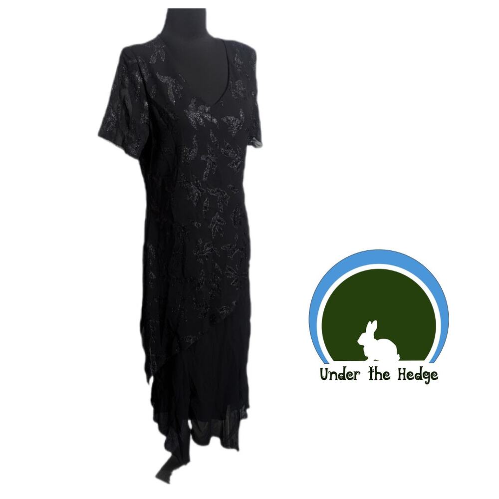 Vtg Black Asymmetrical Maxi Formal Dress Sz 14 Dark Feminine Fairy Goth T1